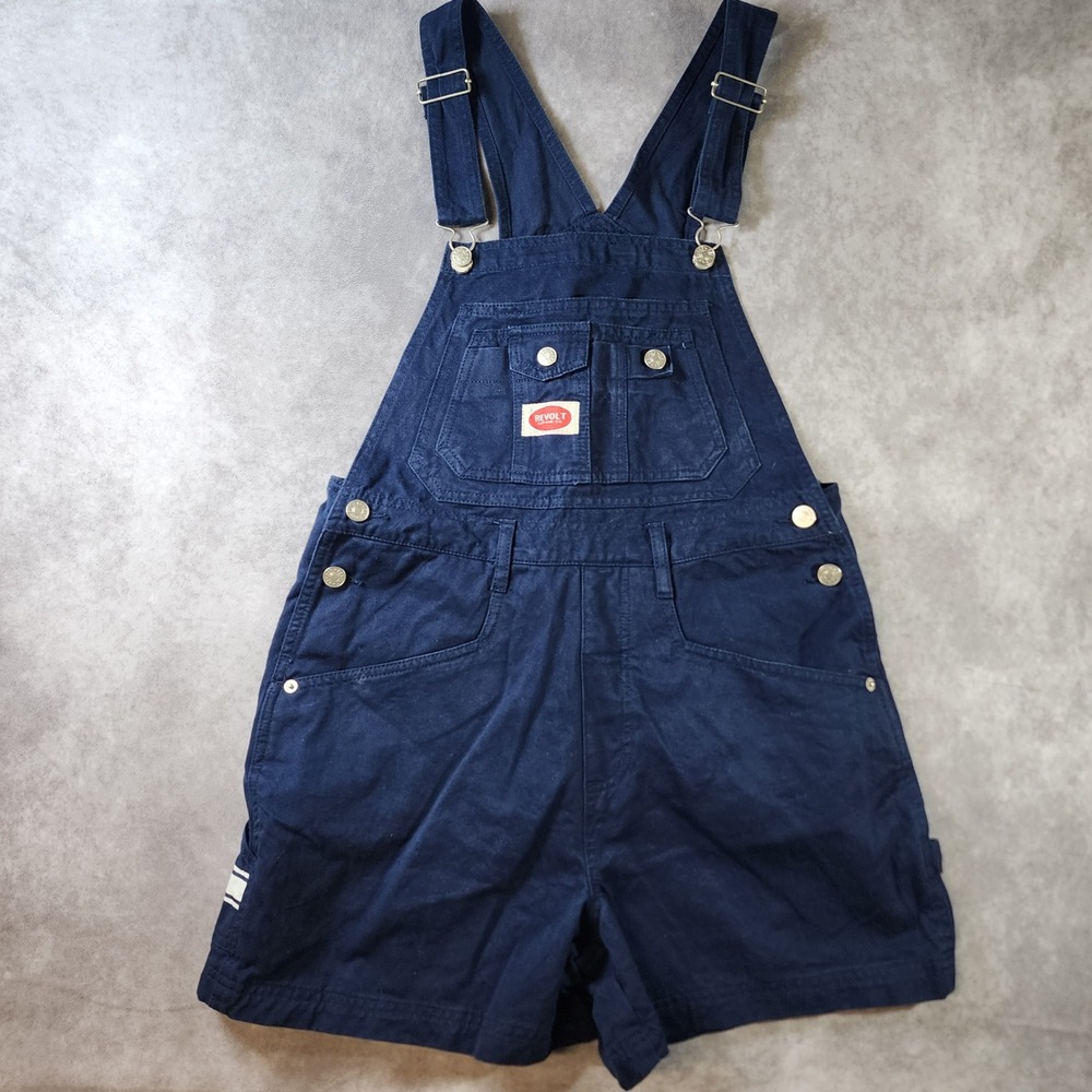 Vintage 90s Revolt Womens M Navy Utility Shortalls Overalls Cotton Grunge